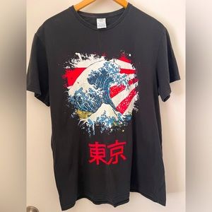 Japanese Wave T Shirt Mens Size Large Black Tourist Graphic Tee
